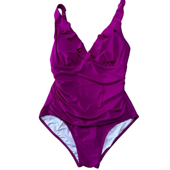 Dkny Ruffle Plunge Underwire Tummy Control One-Piece Swimsuit Dark Pink Sz 16 - Picture 2 of 13